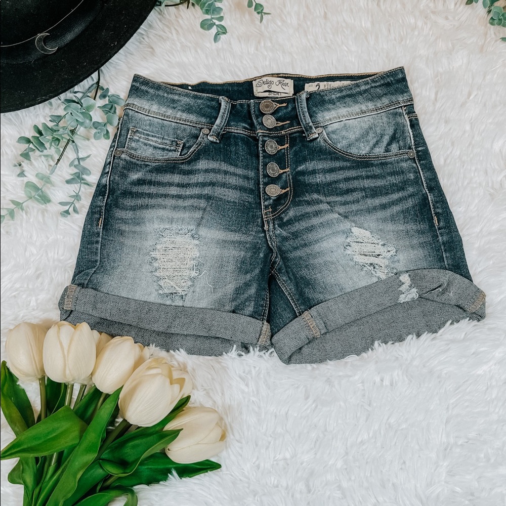 Distressed button fly Jean shorts, roll to length